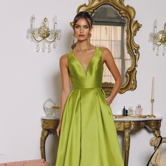 New Greenery Mikado Sleeveless Dress w/ Pleated Skirt & Side Pockets CD T814 - Picture 7 of 9